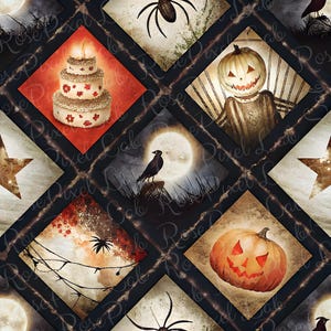 Meninas aranhas de abóbora assustadoras e padrão sem emenda de Halloween em aquarela preta, gato preto fantasma, casa mal-assombrada, padrão de repetição de outono sem emenda