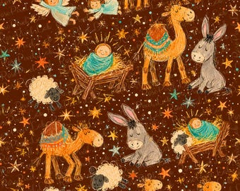 Gender Neutral Nativity Seamless Pattern, Crayon Doodle Baby Jesus Manger Repeat File, Christian Fabric Design, Angels Camel Digital Paper