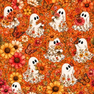 May include: A repeating pattern featuring white ghosts holding bouquets of flowers, set against a vibrant orange floral background. Butterflies flutter among the ghosts and flowers, creating a whimsical and festive design.