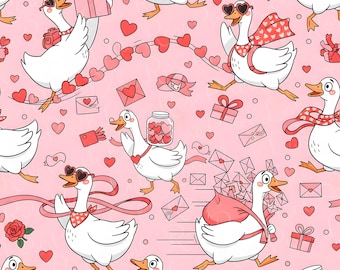 May include: A repeating pattern featuring cartoon geese with heart-shaped sunglasses and scarves, carrying gifts, letters, and jars of hearts. The background is a light pink with scattered hearts and Valentine's Day themed elements.