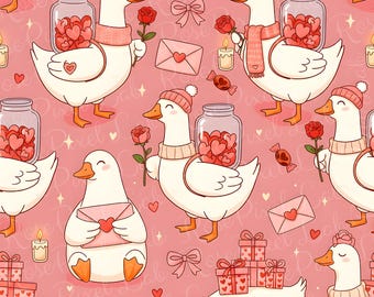 May include: A repeating pattern featuring cartoon geese in winter hats and scarves, holding roses, jars of hearts, and love letters. The background is a pink color with the words "Rose Pixel Lab" subtly printed.