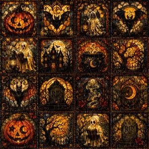 May include: A grid of sixteen square panels featuring stained glass style illustrations of Halloween themes including jack-o'-lanterns, ghosts holding lanterns, bats, a haunted house, a bubbling cauldron, tombstones, and crescent moons in orange and black.