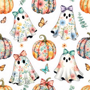 May include: A repeating pattern of pumpkins, ghosts, and butterflies. The pumpkins display floral patterns in orange, pink, and blue hues. The ghosts are draped in white fabric with floral designs and bows. Butterflies in various colours are scattered across the design.