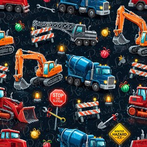 May include: A repeating pattern featuring construction vehicles like excavators, cement mixers, and dump trucks in red, orange, and blue. The design includes stop signs, road barriers, and tools on a dark blue background.