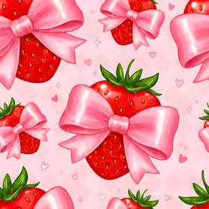 May include: A repeating pattern featuring red strawberries with large pink bows. The strawberries have green leaves and are set against a light pink backdrop with hearts and stars. The design has a cute, whimsical aesthetic.
