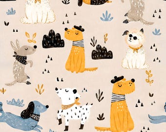 Neutral Grandmillennial Puppy Seamless Pattern | Nordic Nursery Repeat | Storybook Dog Surface Design