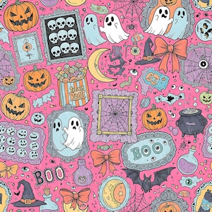 May include: A pink Halloween-themed pattern with pumpkins, ghosts, skulls, bats, and the word "BOO". The design includes frames, bows, and a witch's hat, creating a festive and spooky atmosphere.