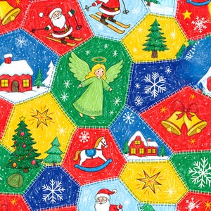 May include: A colorful Christmas-themed pattern featuring hand-drawn illustrations. The design includes Santa Claus skiing, angels, snowflakes, Christmas trees, bells, houses, and a rocking horse. The artwork is composed of various geometric shapes in red, green, blue, and yellow.
