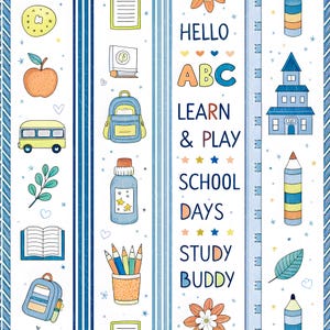 May include: A repeating pattern featuring school-themed illustrations and text. The design includes a school bus, apple, backpack, pencils, and the words "HELLO ABC LEARN & PLAY SCHOOL DAYS STUDY BUDDY" in a playful font, with blue and orange accents.