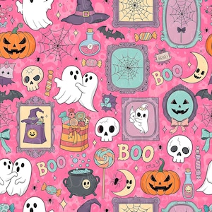 以下が含まれることがあります： ピンク色のハロウィーンをテーマにしたパターン。お化け、カボチャ、骸骨、魔女の帽子、お菓子、コウモリ、クモの巣が描かれています。装飾フレームと「BOO」の文字も含まれています。