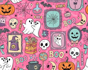 Pink Spooky Halloween Pattern, Ghost Seamless Design (PNG, JPG)