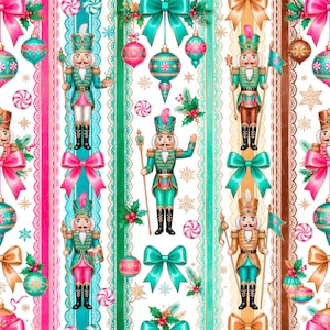 May include: A seamless pattern featuring nutcracker figures in teal and gold uniforms, interspersed with pink bows, teal ornaments, peppermint candies, and lace-like vertical stripes. The design includes holly sprigs and snowflakes on a white background.