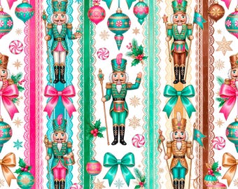 Colorful Nutcracker Stripe Seamless Pattern Victorian | Trellis Scallop Neon Lace Christmas Soldier Digital Paper