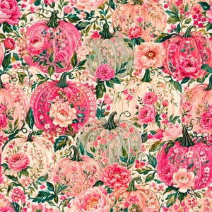 May include: A repeating pattern featuring pumpkins in shades of hot pink, soft blush, and muted sage green, each adorned with intricate floral illustrations of peonies and small blossoms, set against a cream-colored background.