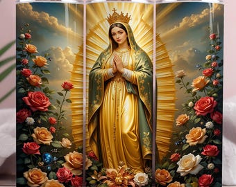Tumbler Wrap Virgen de Guadalupe, gouden glitterrozen (digitaal png-ontwerp)