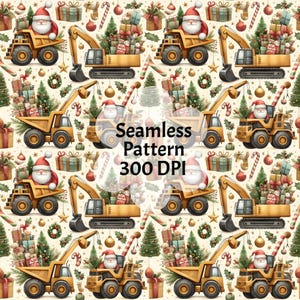 Puede incluir: Patrón navideño sin costuras con vehículos de construcción amarillos conducidos por Papá Noel, que transportan regalos y árboles de Navidad. El diseño incluye bastones de caramelo, adornos y regalos envueltos sobre un fondo crema. También se incluye el texto "Seamless Pattern 300 DPI".