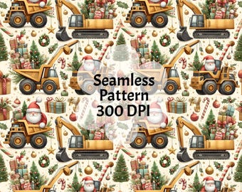May include: A seamless pattern featuring yellow construction vehicles, including dump trucks and excavators, carrying Christmas gifts and trees. Santa Claus is depicted in the driver seats, surrounded by candy canes, ornaments, and stars.