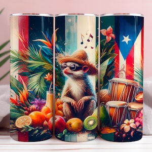 Puerto Rico 20 oz skinny tumbler png Titi Mono Ardilla Puerto Rico png 20 oz tumbler wrap design Puerto Rico flag Holiday tumbler download