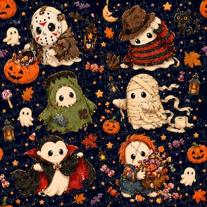 Puede incluir: Un patrón sin costuras azul oscuro con personajes de terror estilo chibi, incluyendo un fantasma con máscara de hockey, un fantasma con suéter a rayas, una momia, un vampiro y una muñeca, rodeados de calabazas, fantasmas y hojas de otoño.