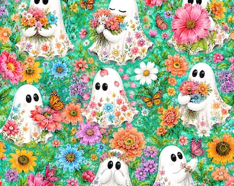 Cottagecore Green Floral Ghost Garden Seamless Digital Paper for Fabric Print, Maximalist Botanical Boho Halloween Seamless Surface Pattern