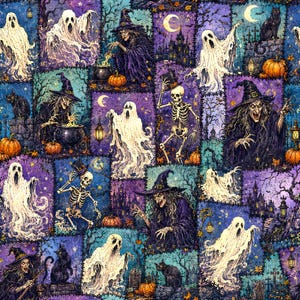 Läskigt Halloween-lapptäcke sömlöst mönster, vintage spök-häxa-skelett-tygtryck, läskigt digitalt papper