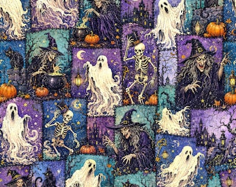 Creepy Halloween Patchwork Seamless Pattern, Vintage Ghost Witch Skeleton Fabric Print, Spooky Digital Paper