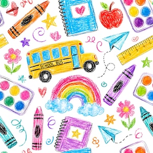 May include: A colorful, hand-drawn pattern featuring school-themed elements. Includes a yellow school bus, rainbow, crayons, notebooks, stars, hearts, flowers, an apple, a ruler, and watercolor palettes on a white background.