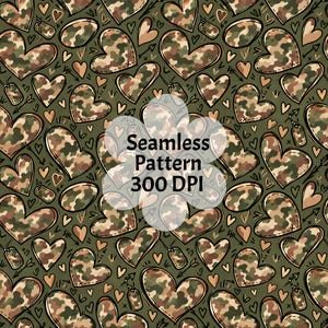 May include: A seamless pattern featuring camouflage-filled hearts and military-style dog tags on an olive green background. Small hand-drawn hearts and arrows are scattered throughout. The text Seamless Pattern 300 DPI is centered in white.