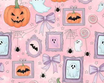 Girly Spooky Halloween Seamless Pattern: Ghost, Pumpkin, Frames (PNG JPG)