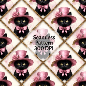 May include: Seamless pattern featuring repeating images of black cats wearing pink top hats adorned with roses and bow ties. The background is a cream color with a gold grid pattern. The text "Seamless Pattern 300 DPI" is also present.