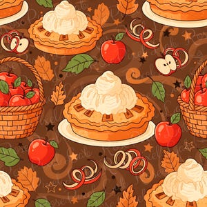 Puede incluir: Un patrón continuo con tartas de manzana naranjas cubiertas de nata montada blanca, manzanas rojas, cestas de mimbre marrones llenas de manzanas rojas, hojas de otoño naranjas, hojas verdes y pieles de manzana sobre un fondo marrón oscuro.