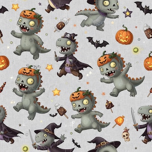 May include: A repeating pattern featuring cartoon dinosaurs dressed in Halloween costumes. The dinosaurs are various shades of gray and green, with pumpkin headbands, witch hats, and capes. Other Halloween elements include bats, stars, and pumpkins.