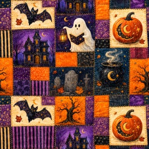 May include: A patchwork fabric featuring Halloween motifs including a ghost holding a book, a black cauldron, pumpkins with crescent moon carvings, bats, a haunted house, and tombstones. The design uses a color palette of orange, purple, and black.