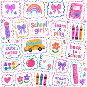 May include: A colorful, hand-drawn illustration featuring school-themed elements. Includes a yellow school bus, rainbow, pencils, crayons, bows, flowers, and text like "School girl", "Learn & Play", and "Back to School".