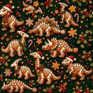 May include: A repeating pattern of gingerbread dinosaurs decorated with white icing skeletons, wearing Santa hats and scarves, interspersed with holly leaves, red berries, cinnamon sticks, candy canes, and golden snowflake cookies on a dark green background.