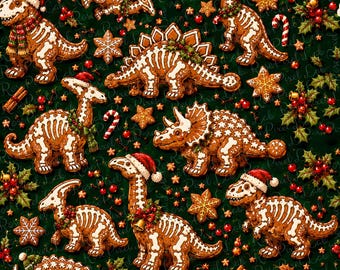 Gingerbread Dinosaur Seamless Pattern, Christmas Dino Digital Paper, Boy Xmas Repeat Pattern, Dino Skeleton Holiday Fabric Design
