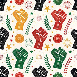 May include: A repeating pattern featuring stylized fists in black, red, green, and gold. The design includes stars, sprigs, and circular decorative elements in complementary colors, set against a cream-colored background.