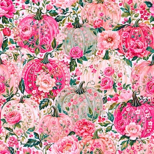 May include: A seamless pattern featuring a variety of pumpkins in shades of bright pink, soft blush, and muted sage green. Each pumpkin is decorated with intricate floral illustrations, including large peonies and small blossoms with green leaves.