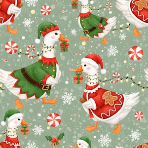 May include: A repeating pattern featuring geese dressed in Christmas elf and Santa Claus outfits. The geese are holding gifts and are surrounded by candy canes, snowflakes, and Christmas lights on a light green background.