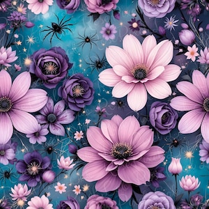 Op de afbeelding: Digitaal gemaakt bloemenpatroon met roze en paarse bloemen, zwarte spinnen en gouden sterren op een turquoise achtergrond. Het ontwerp bevat verschillende bloemsoorten, wat een grillige en licht griezelige esthetiek creëert.