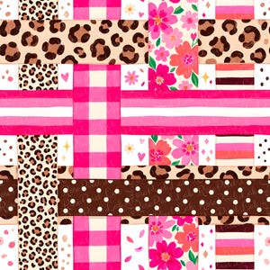 May include: A seamless digital pattern featuring a woven effect of intersecting strips. The design includes leopard print, pink gingham, vibrant floral motifs with pink and orange flowers, horizontal pink stripes, and brown fabric with white polka dots.