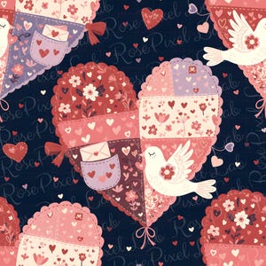 Könnte beinhalten: Ein sich wiederholendes Muster mit herzförmigen Designs mit Patchwork-Details, Taschen und Schleifen. Die Herzen sind mit floralen und Herzmotiven gefüllt und enthalten weiße Tauben. Die Farbpalette umfasst Rot-, Rosa- und Lilatöne auf einem dunkelblauen Hintergrund.