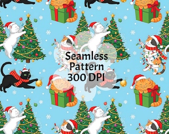 Patrón sin costuras de gatos navideños disfrazados, tela festiva con gatitos (descarga digital)