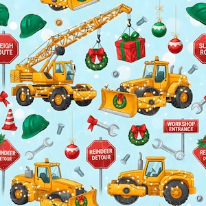 May include: A repeating pattern of yellow construction vehicles decorated with Christmas lights, wreaths, and ornaments. The design includes a crane, snowplows, and road signs that read "Reindeer Detour" and "Workshop Entrance". Green hard hats and wrenches are also featured.