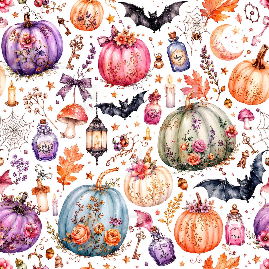 Girly Floral Pumpkin Seamless Pattern Repeat, Gothic Cottagecore ...
