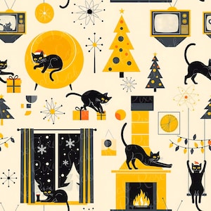 May include: A seamless pattern featuring black cats, yellow mid-century modern fireplaces, retro televisions, and stylised Christmas trees on a cream background. The design includes cats wearing Santa hats, gift boxes, and starburst ornaments.