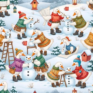 Op de afbeelding: Een grillige illustratie toont ganzen die sneeuwpoppen bouwen in een besneeuwd landschap. De ganzen dragen kleurrijke truien, mutsen en laarzen en gebruiken gereedschap zoals penselen en blauwdrukken. De scène omvat besneeuwde bomen, vogelhuisjes en lantaarns, wat een feestelijk winterthema creëert.