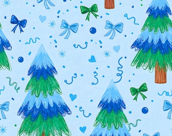 Cute Doodle Sky Blue Christmas Tree Repeating Seamless Pattern Pastel Holiday Digital Paper Blue Christmas Trees for boys Fabric Design