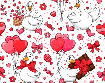 May include: A seamless pattern featuring cartoon geese with red heart-shaped balloons, bows, and candy on a white background. The geese are wearing pink boots and carrying gifts. Red hearts and flowers are scattered throughout the design.