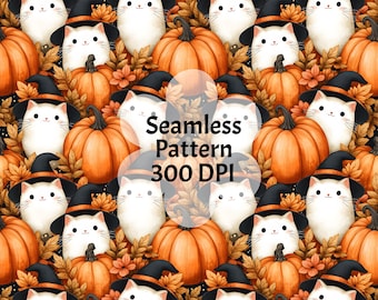 Kawaii Halloween Cats Seamless Pattern, Witch Kitten Pumpkin (Digital Download)